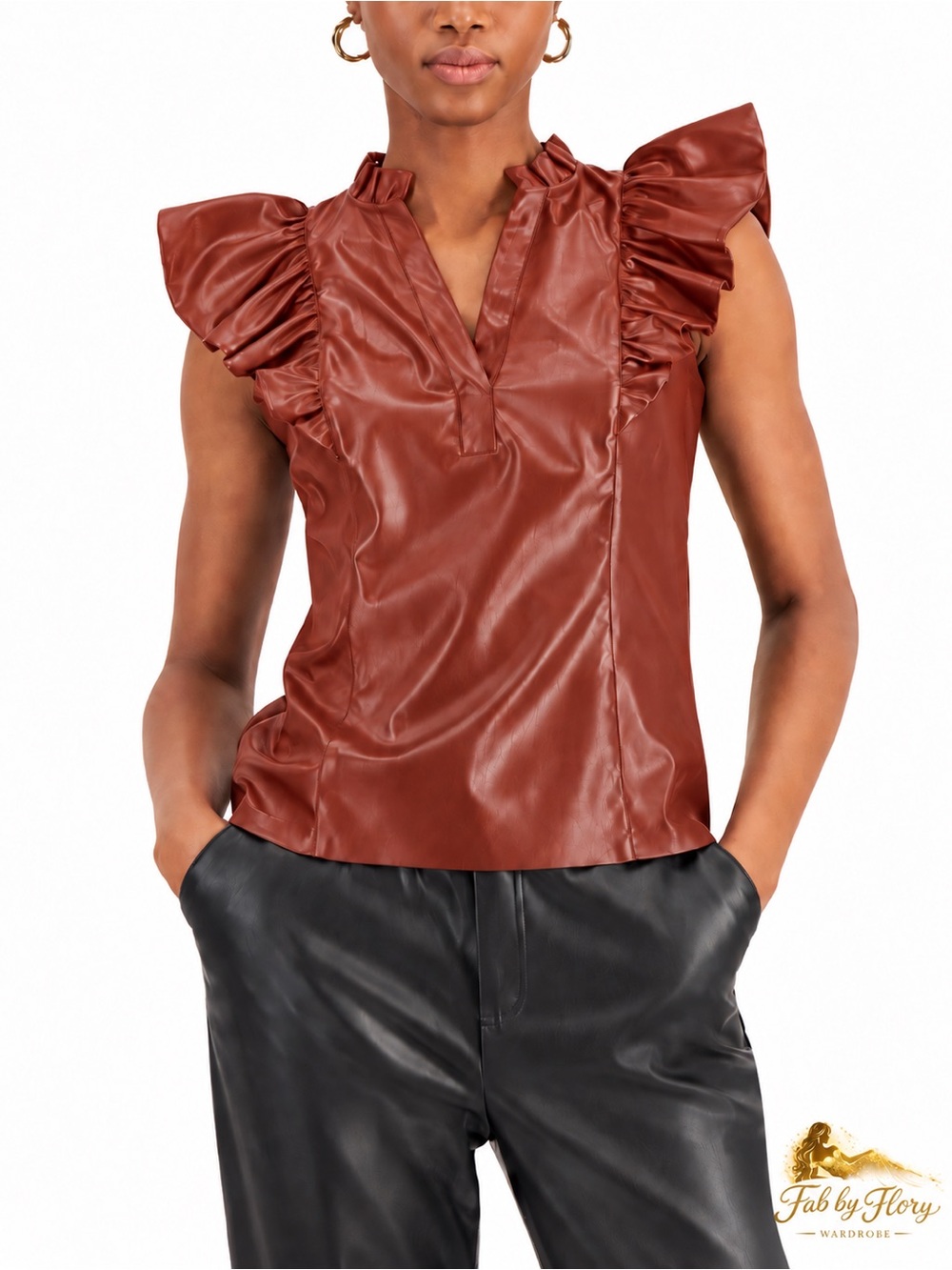 INC International Concepts Rust Ruffle Shoulder Faux Leather Top L NWT
